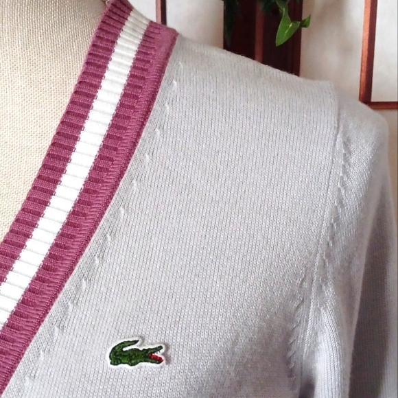 Lacoste Women's Stipe Detail Belted Button-Front Cardigan - Grey/Pink - Picture 8 of 16